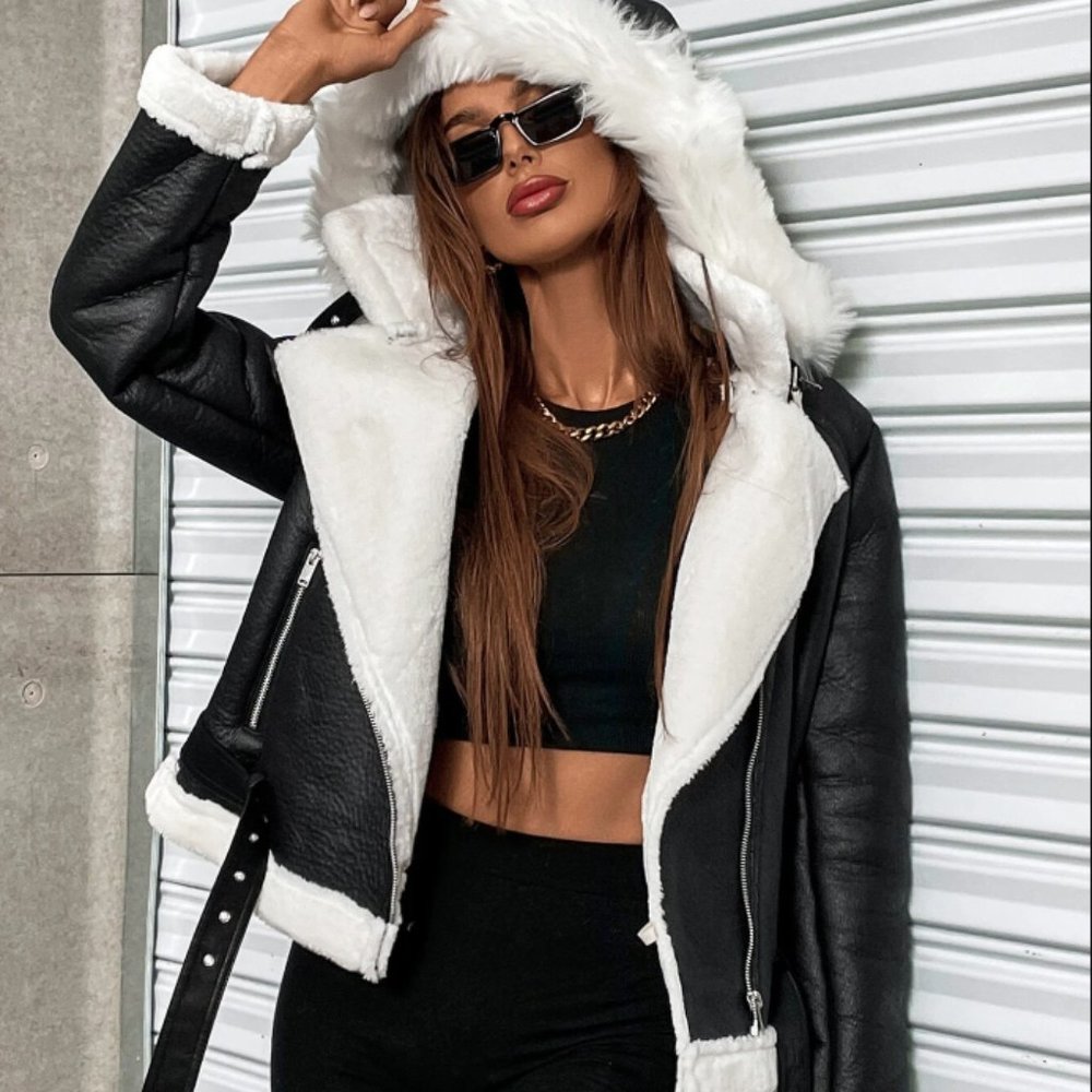 Faux Leather Teddy Lined Zipper Up Hooded PU Moto Biker Jacket - NEW, NEVER WORN